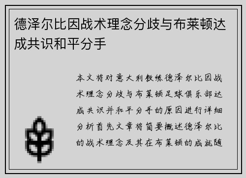 德泽尔比因战术理念分歧与布莱顿达成共识和平分手